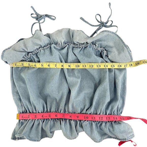 American Eagle RUFFLE BUBBLE CROP Denim Blouse Size L - Picture 6 of 7